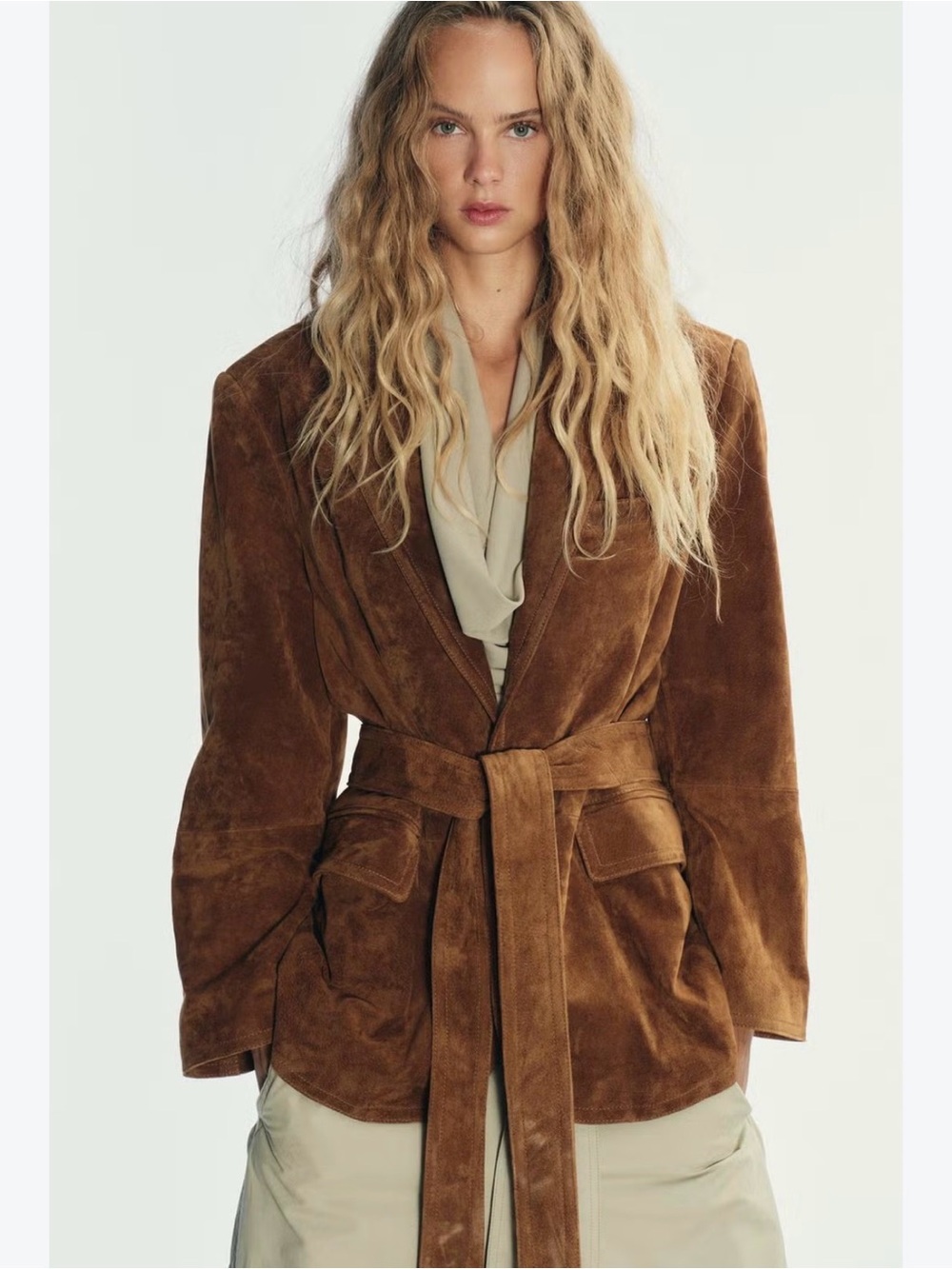 Zara 100% Suede Leather Belted Jacket Blazer, sz M/L